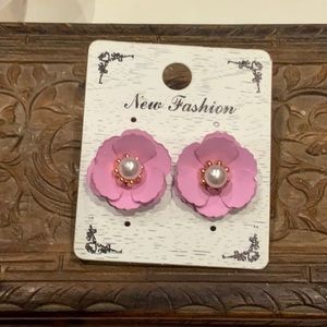Gold Pearl Pink Flower Earrings
